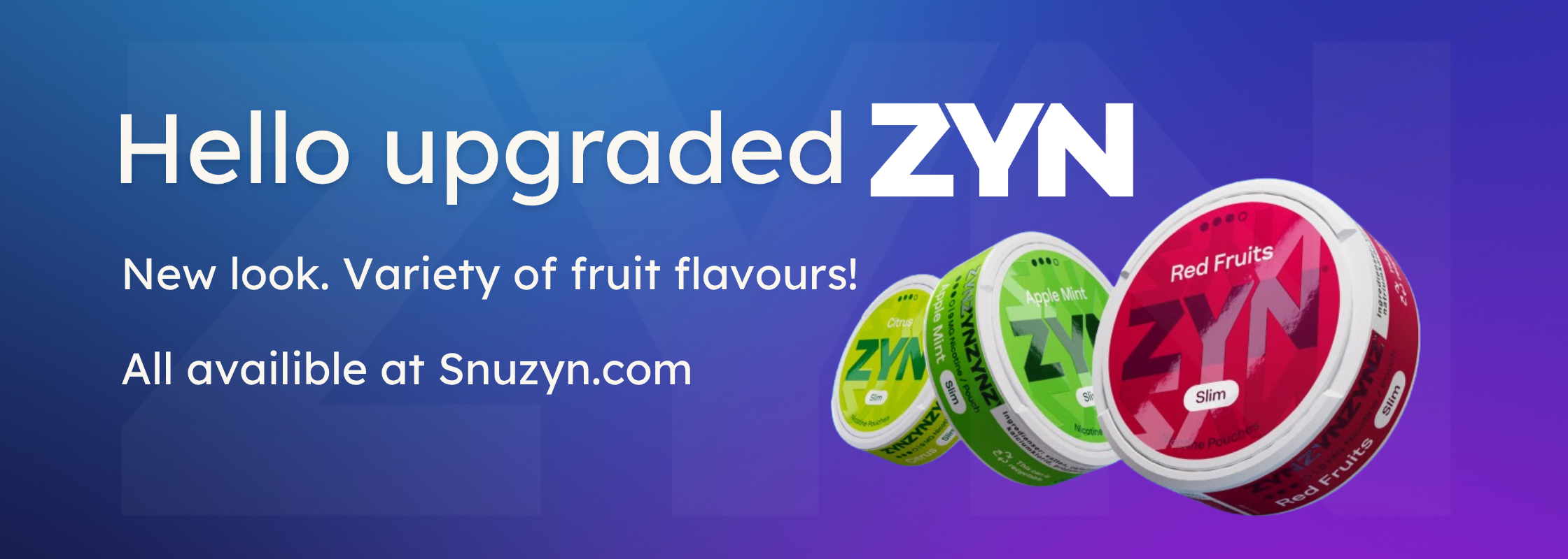 Advertisement for ZYN with fruit-flavored products on a blue and purple gradient background.